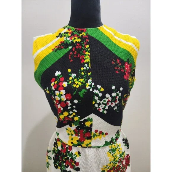 VTG Gorgeous Bleeker Street Floral Dress 60s 70s Retro Waffle Cinch Waist Sz S M - Picture 2 of 13